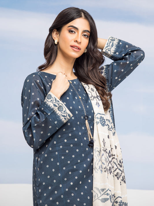 Edenrobe - EWU24A1-28208-3P Unstitched Navy Printed Lawn 3 Piece
