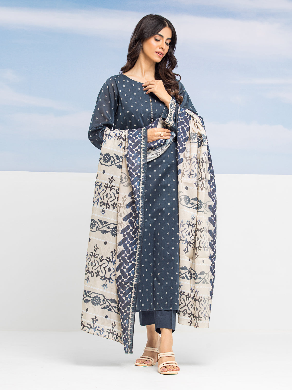 Edenrobe - EWU24A1-28208-3P Unstitched Navy Printed Lawn 3 Piece