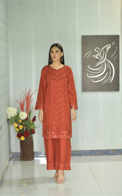 Bareeq Outfits - 2 Piece Suit Cambric Lawn Rust Embroidered