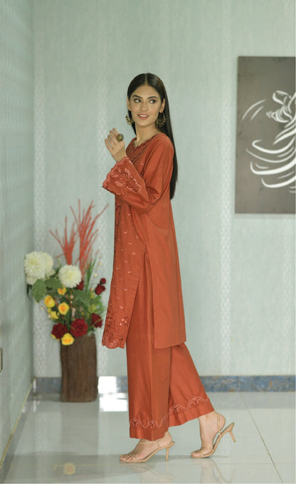 Bareeq Outfits - 2 Piece Suit Cambric Lawn Rust Embroidered