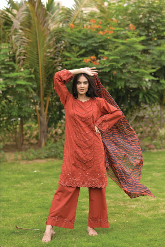 Bareeq Outfits - 2 Piece Suit Cambric Lawn Rust Embroidered
