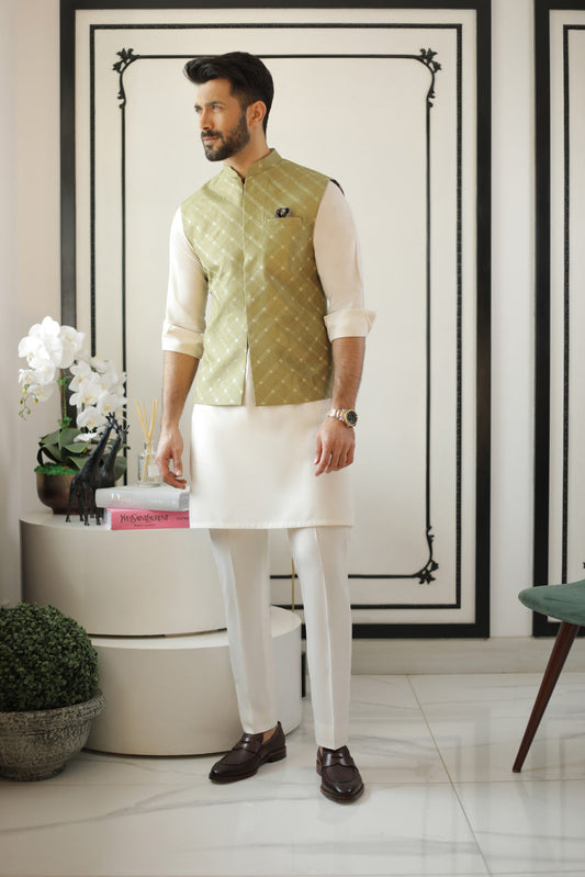 Embroidered Raw Silk Kurta And Pant with Waist Coat