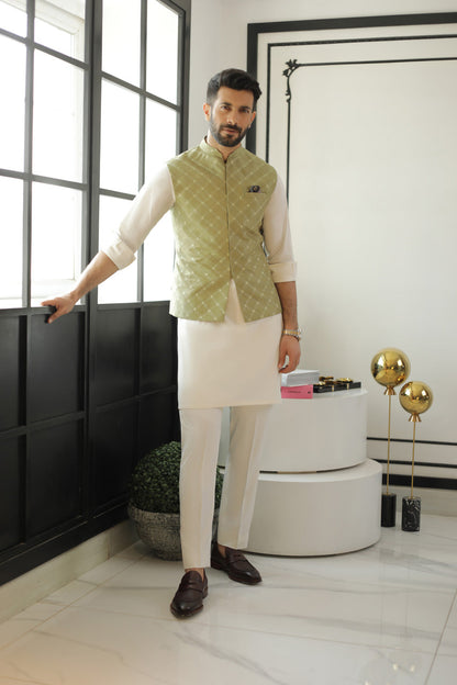 Embroidered Raw Silk Kurta And Pant with Waist Coat