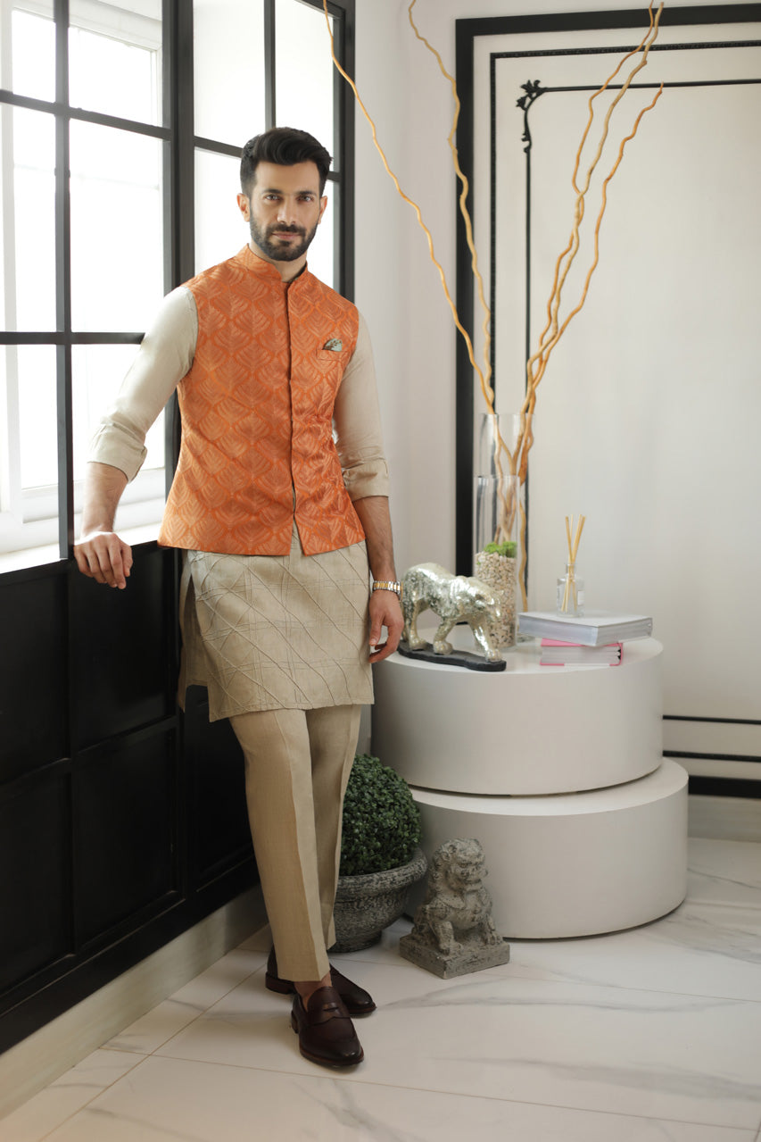 Embroidered Raw Silk Rust Waist Coat With Linen Kurta and trousers