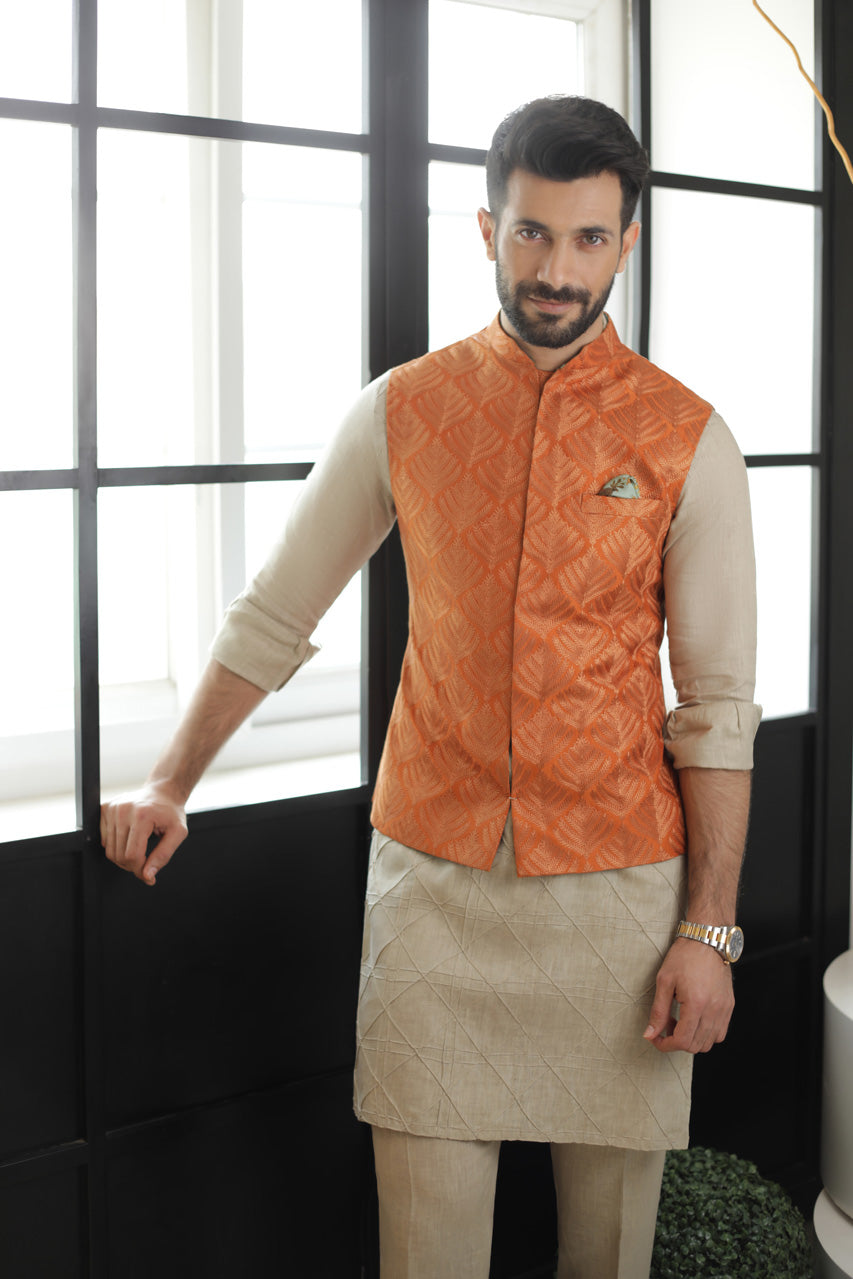 Embroidered Raw Silk Rust Waist Coat With Linen Kurta and trousers