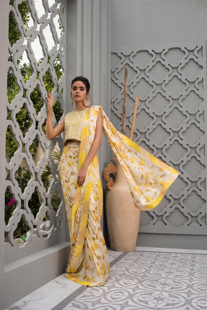 Lemon Printed Silk Draped Sari With Embroidered Crop Top