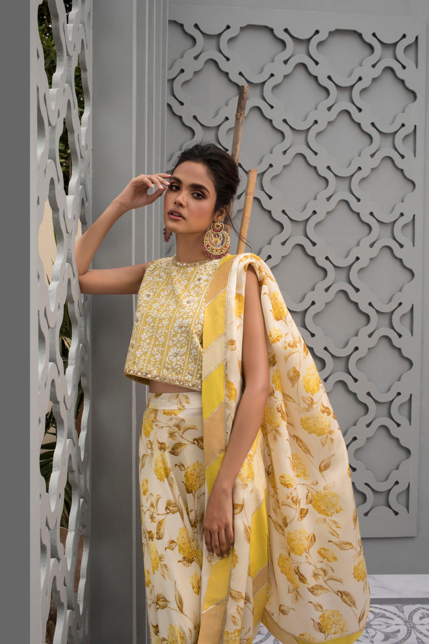 Lemon Printed Silk Draped Sari With Embroidered Crop Top