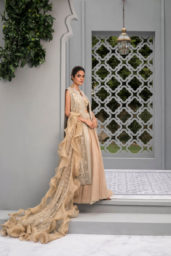 Rose Gold Tissue Jacket with Net Lehenga & Ruffled Net Dupatta