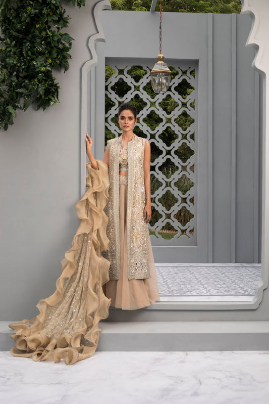 Rose Gold Tissue Jacket with Net Lehenga & Ruffled Net Dupatta