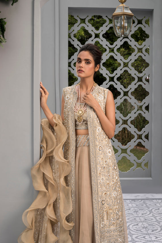 Rose Gold Tissue Jacket with Net Lehenga & Ruffled Net Dupatta