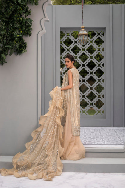 Rose Gold Tissue Jacket with Net Lehenga & Ruffled Net Dupatta