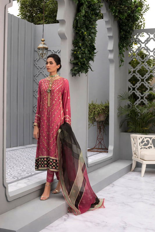 Raspberry Gota Worked Cotton Net Kurta with Organza Dupatta