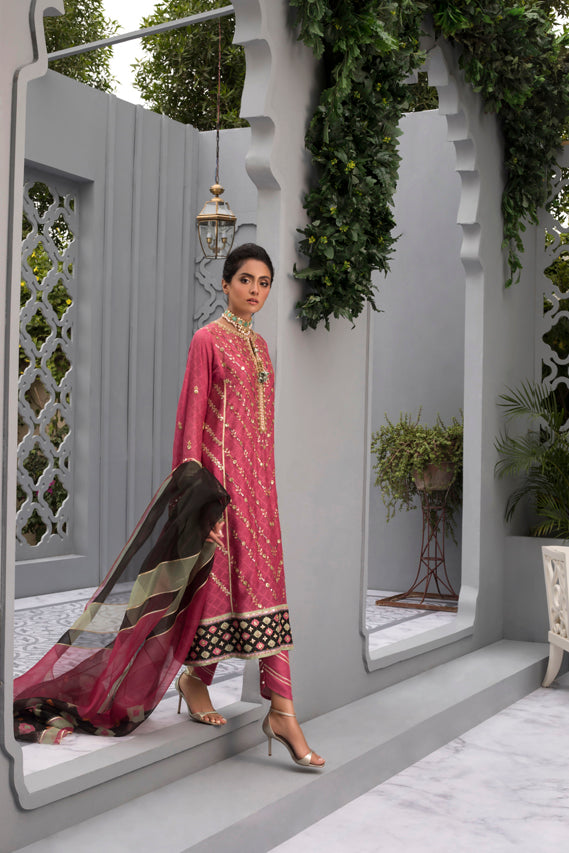 Raspberry Gota Worked Cotton Net Kurta with Organza Dupatta