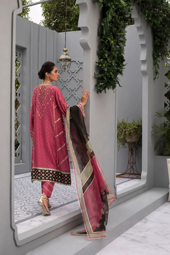 Raspberry Gota Worked Cotton Net Kurta with Organza Dupatta