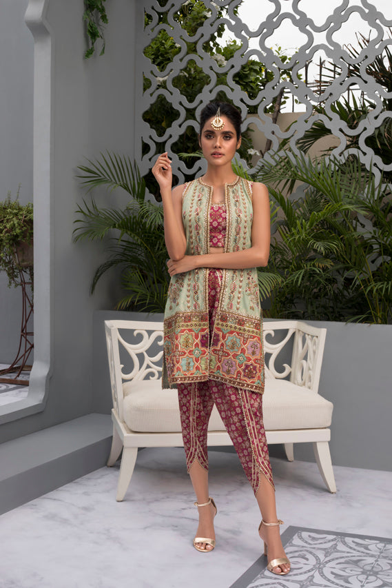 Mint Gota Silk Jacket with Printed Choli & Tulip Shalwar