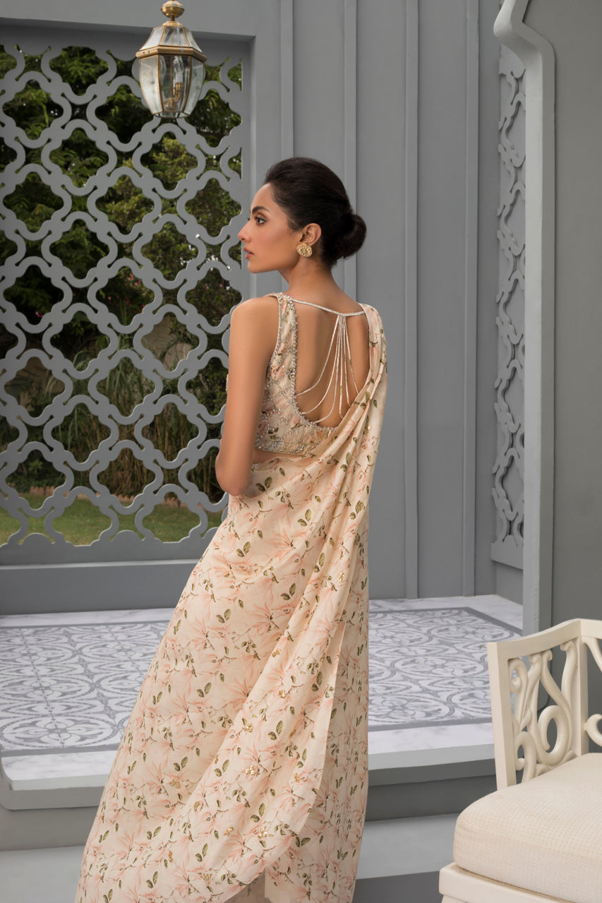 Printed Floral Silk Draped Sari with Embellished Choli