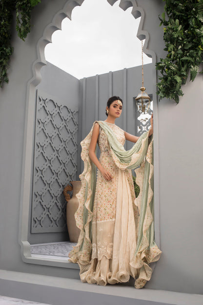 Printed Front Open Peshwas with Organza Border & Crushed Silk Lengha