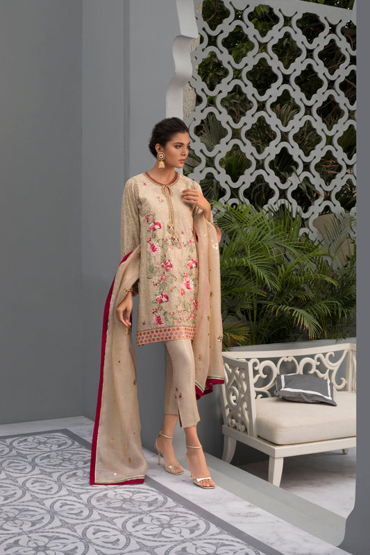 Embroidered Cotton Net Shirt And Trouser With Dupatta