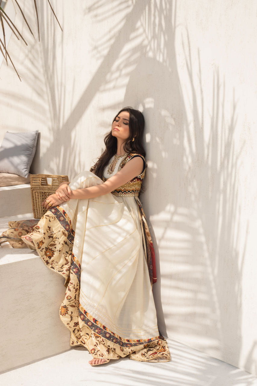 Ivory Khaddi Silk Peshwas With Gota Worked Jacket And Printed Organza Dupatta