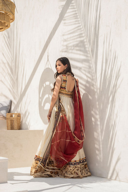 Ivory Khaddi Silk Peshwas With Gota Worked Jacket And Printed Organza Dupatta