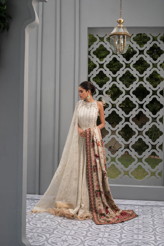 Cream Khaddi Silk Peshwas With Organza Dupatta