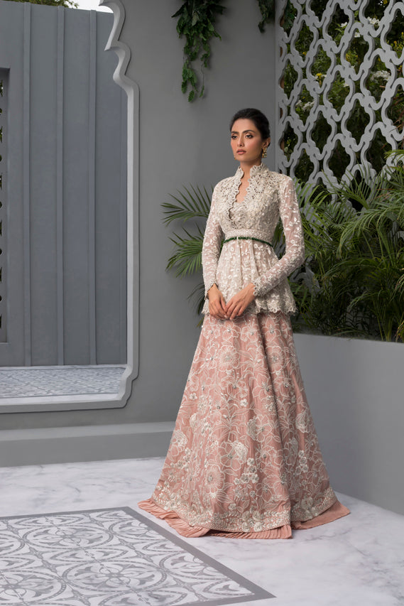 Embroidered Peplum with Beaded Detailing and Silk Lehenga