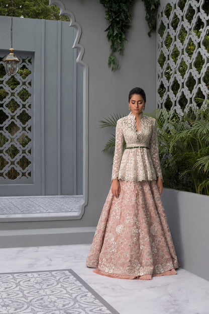 Embroidered Peplum with Beaded Detailing and Silk Lehenga