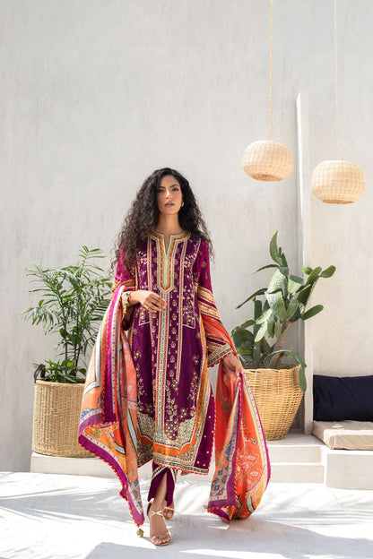 Mulberry Gota Embellished Kurta With Printed Silk Dupatta