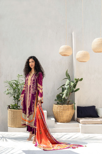 Mulberry Gota Embellished Kurta With Printed Silk Dupatta