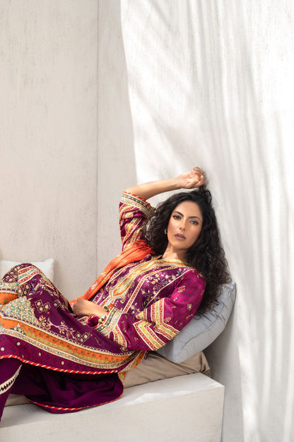 Mulberry Gota Embellished Kurta With Printed Silk Dupatta