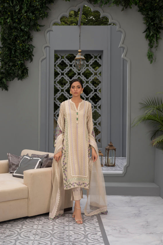 Ivory Cotton Net Kurta & Trouser With Woven Dupatta