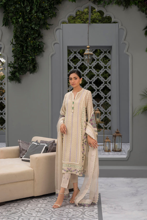 Ivory Cotton Net Kurta & Trouser With Woven Dupatta