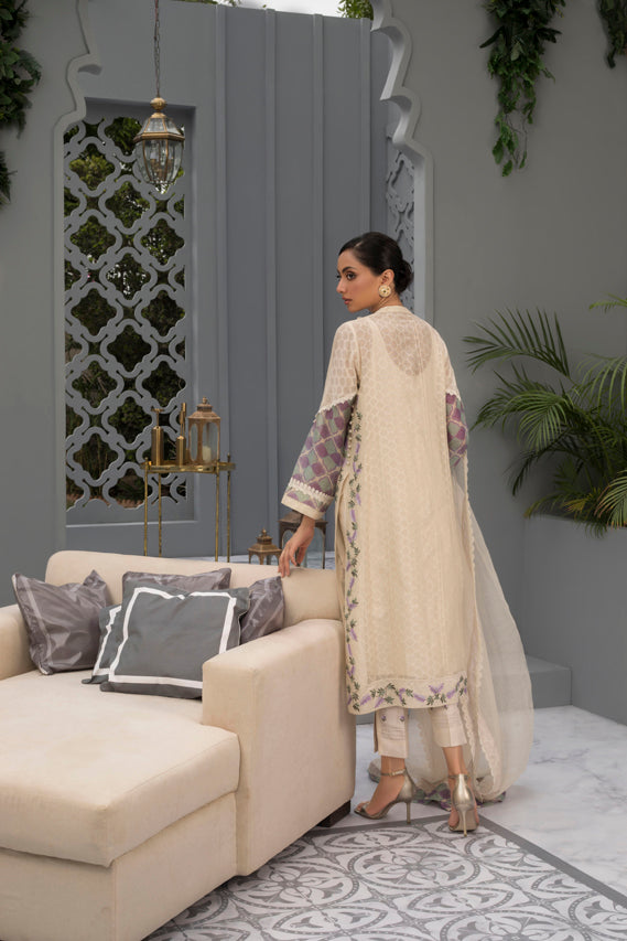 Ivory Cotton Net Kurta & Trouser With Woven Dupatta