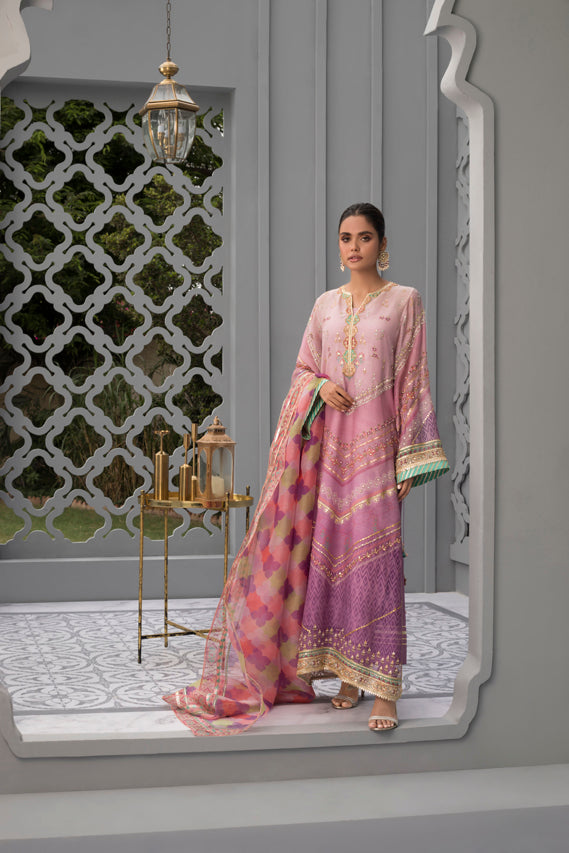 Ombre Pink Cotton Net Worked Shirt with Printed Organza Dupatta