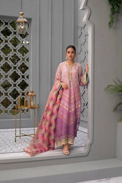 Ombre Pink Cotton Net Worked Shirt with Printed Organza Dupatta