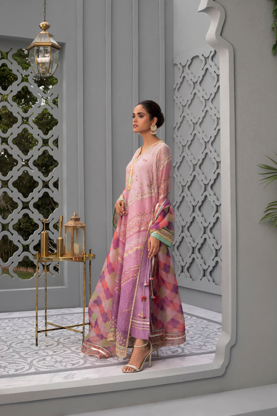 Ombre Pink Cotton Net Worked Shirt with Printed Organza Dupatta