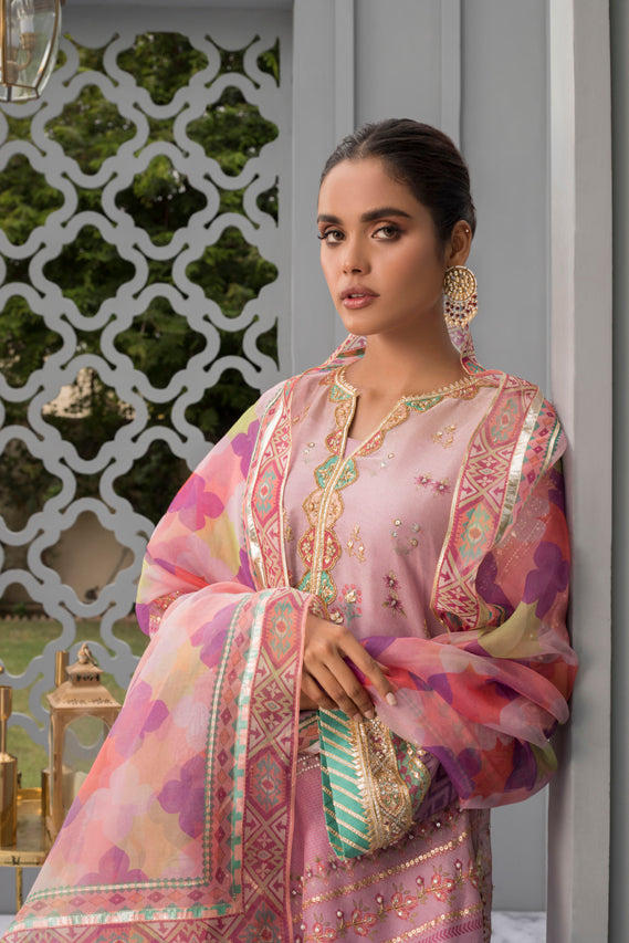 Ombre Pink Cotton Net Worked Shirt with Printed Organza Dupatta