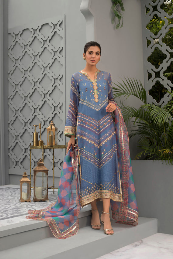 Ombre Blue Cotton Net Worked Shirt with Printed Organza Dupatta