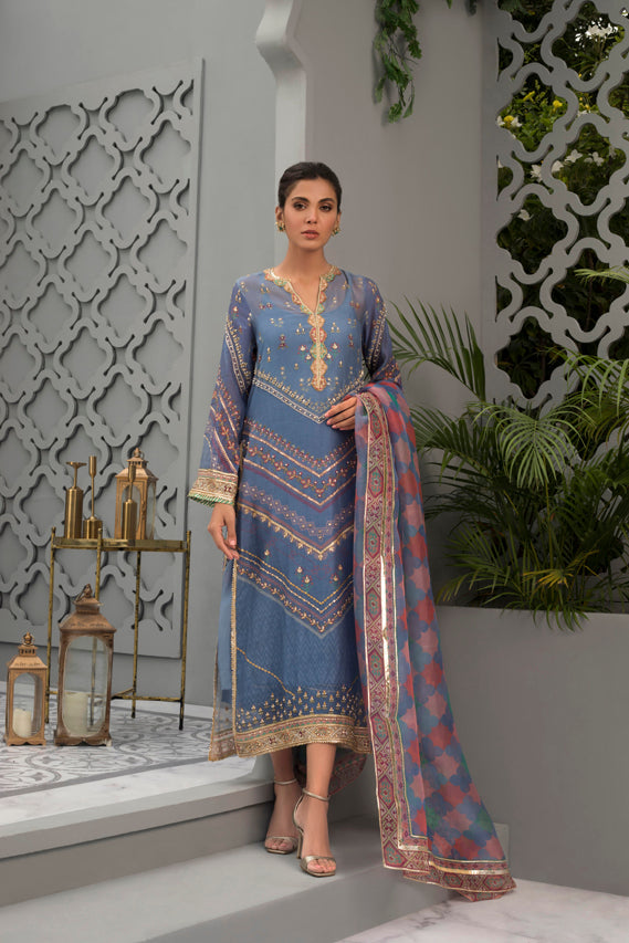 Ombre Blue Cotton Net Worked Shirt with Printed Organza Dupatta