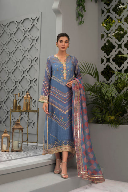 Ombre Blue Cotton Net Worked Shirt with Printed Organza Dupatta