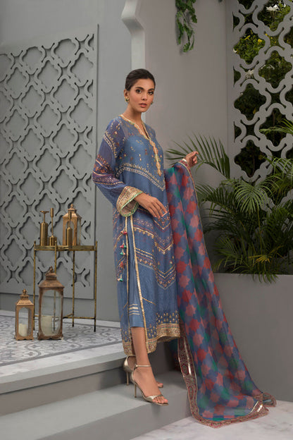 Ombre Blue Cotton Net Worked Shirt with Printed Organza Dupatta