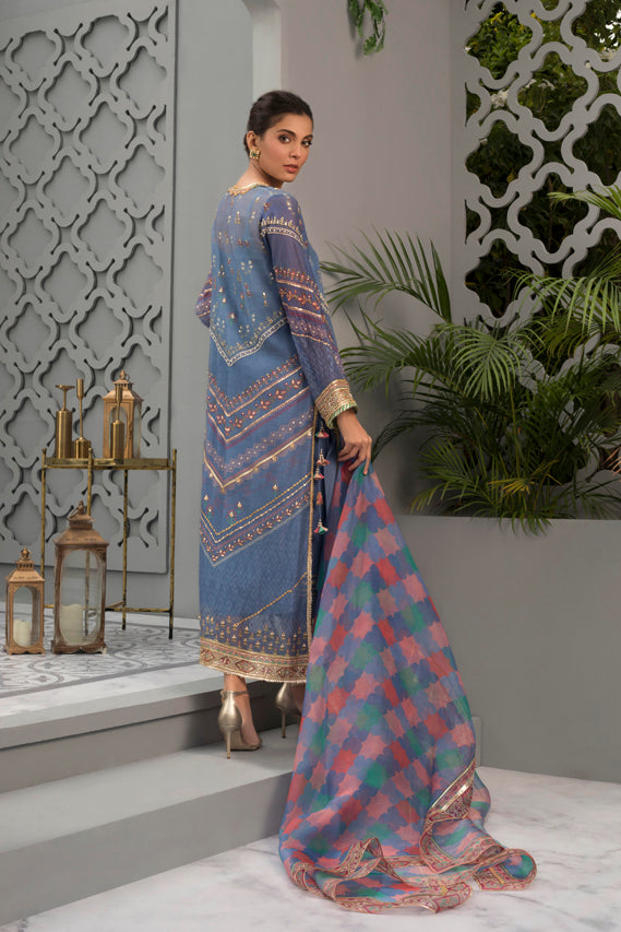 Ombre Blue Cotton Net Worked Shirt with Printed Organza Dupatta