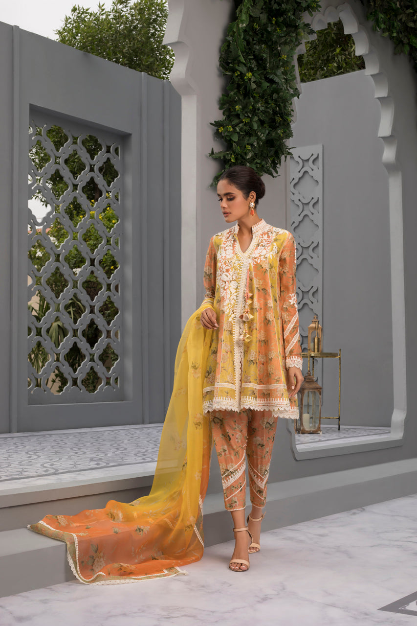 Tangerine & Canary Yellow Printed Cotton Net Short Peshwas With Organza Dupatta