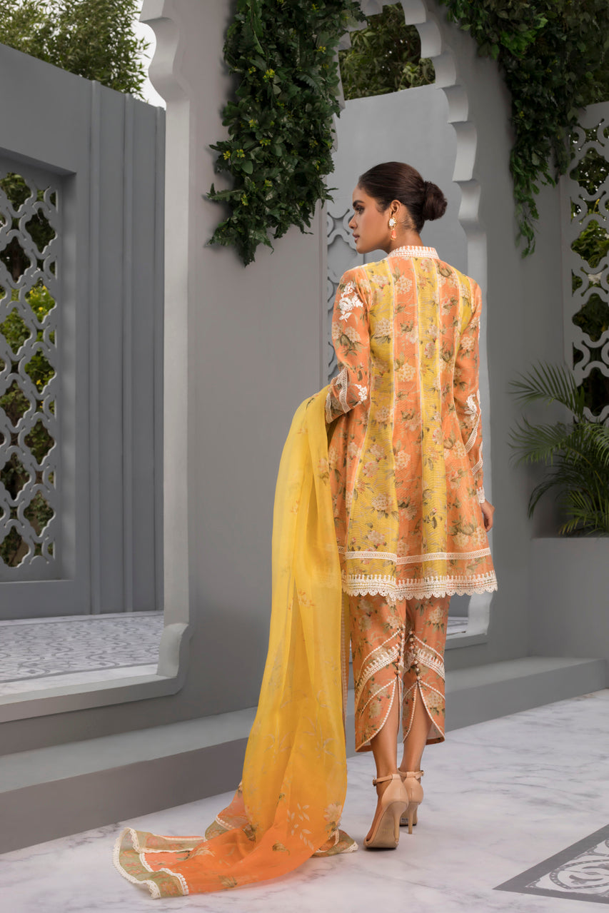 Tangerine & Canary Yellow Printed Cotton Net Short Peshwas With Organza Dupatta