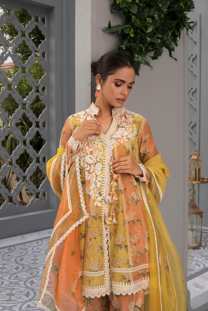 Tangerine & Canary Yellow Printed Cotton Net Short Peshwas With Organza Dupatta