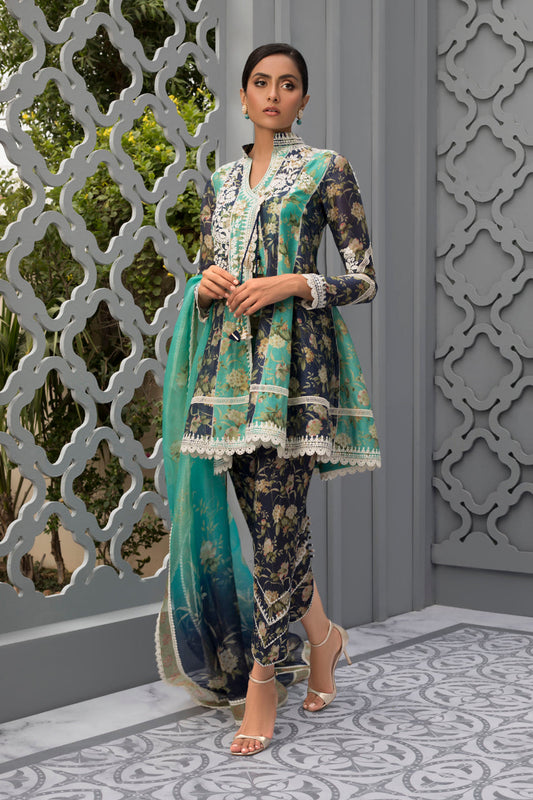 Blue And Sea Green Printed Cotton Net Short Peshwas With Organza Dupatta