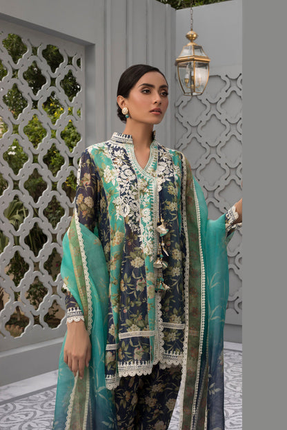 Blue And Sea Green Printed Cotton Net Short Peshwas With Organza Dupatta