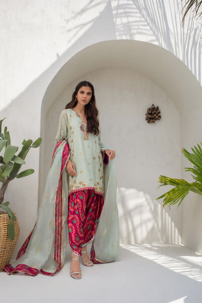 Mint Cotton Net Worked Kurta With Mint Organza Dupatta