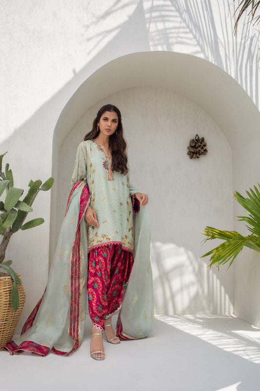 Mint Cotton Net Worked Kurta With Mint Organza Dupatta