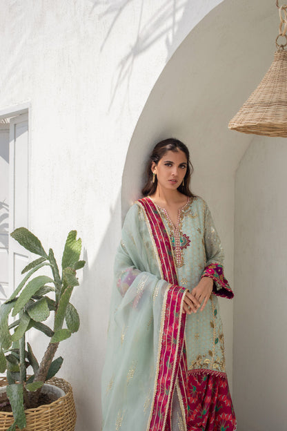 Mint Cotton Net Worked Kurta With Mint Organza Dupatta